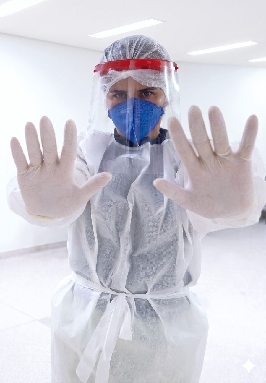 Dra. Merabe paramentada com EPI durante a pandemia de COVID-19